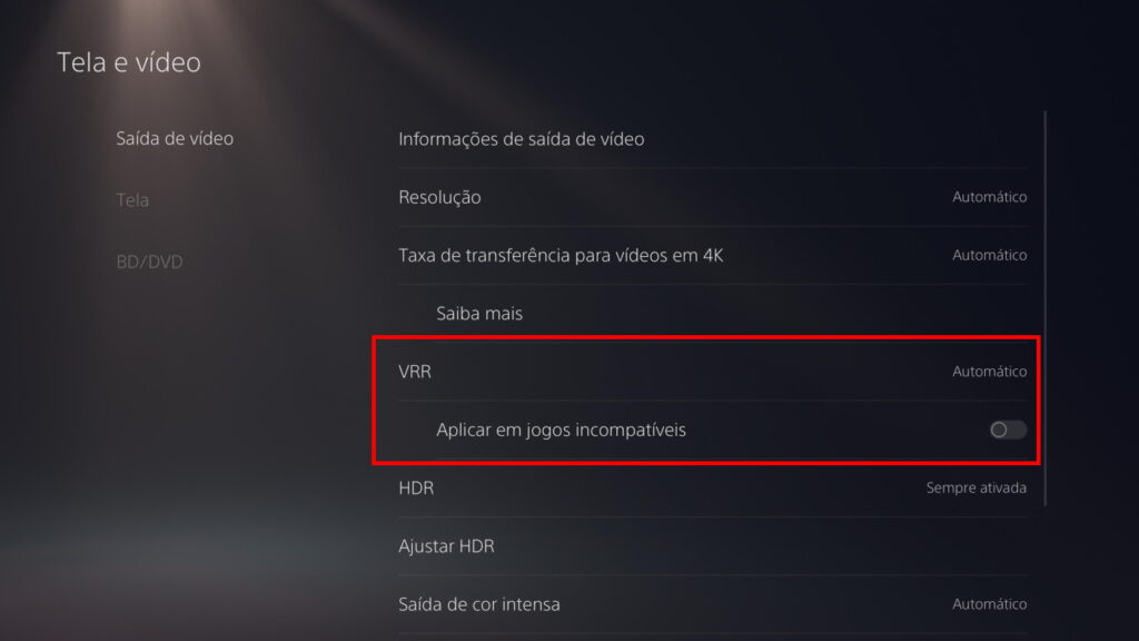 Como ativar a taxa de atualização variável no PlayStation 5 - Passo 3