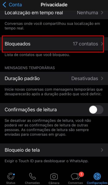 Captura de tela para bloquear contato no WhatsApp