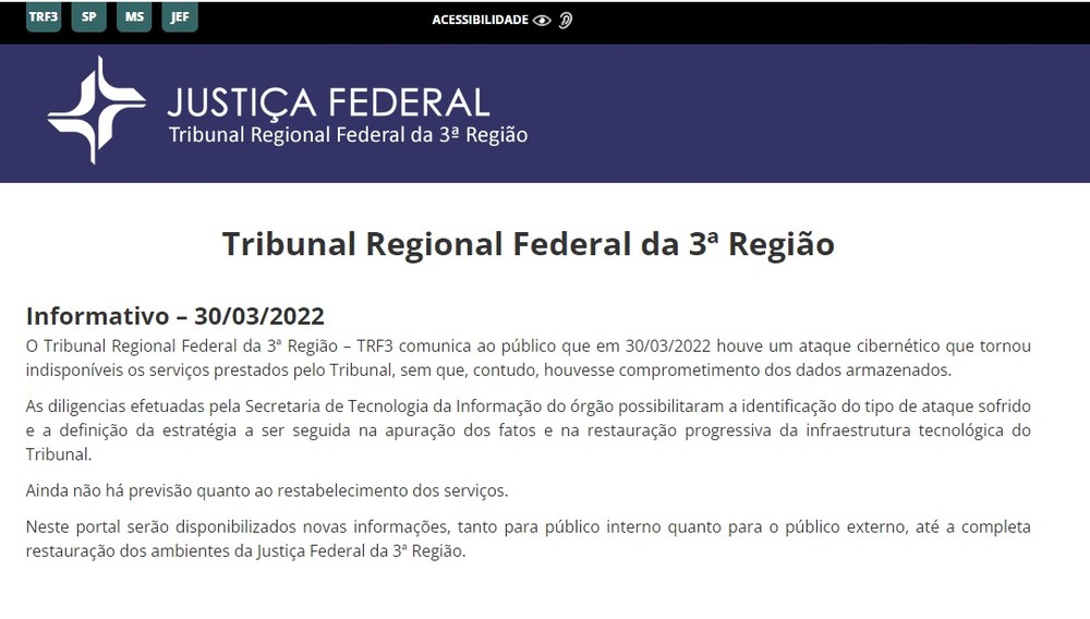 Tribunal Regional Federal da 3ª Região é alvo de ataque ransomware