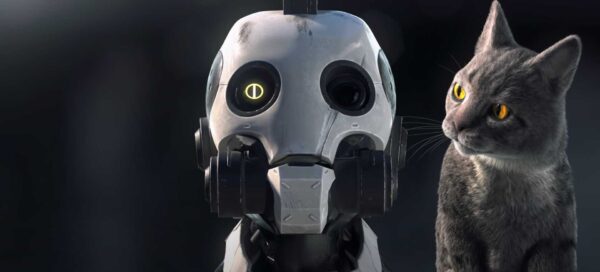 Captura de tela da série de animação Love, Death and Robots, exibida pela Netflix: à esquerda há a cabeça de um robô e à direita um gato olhando para ele