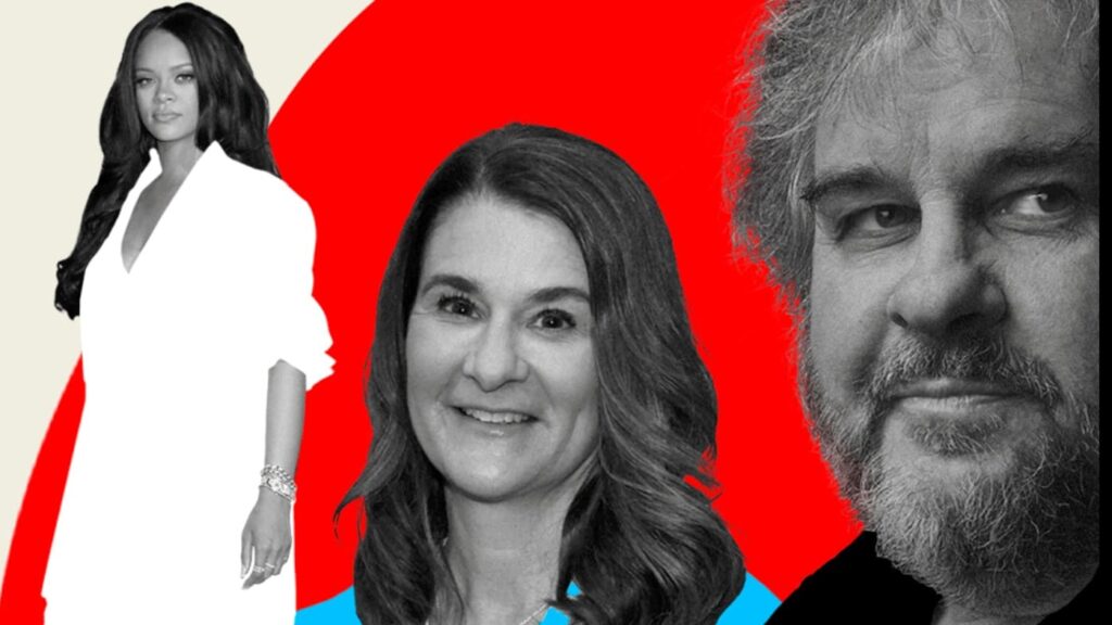 Da esquerda para a direita, os bilionários da Forbes Rihanna, Melinda Gates e Peter Jackson