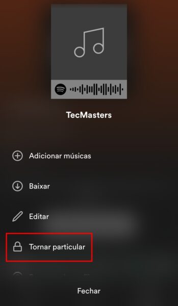 Captura de tela do Spotify para mostrar como tornar a playlist privada ou oculta