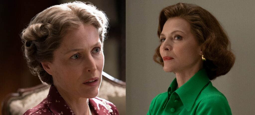 À esquerda, a atriz Gillian Anderson, à direita, a atriz Michele Pfeiffer, ambas em seus papéis na série da Paramount+, The First Lady