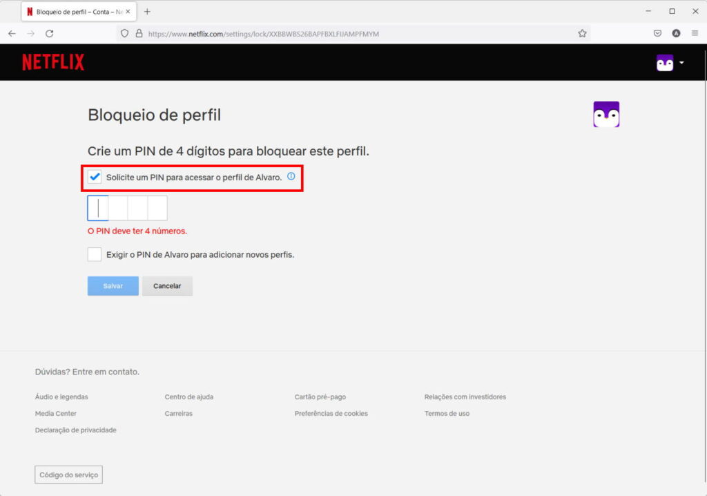 Como colocar senha no perfil da Netflix - Passo 6