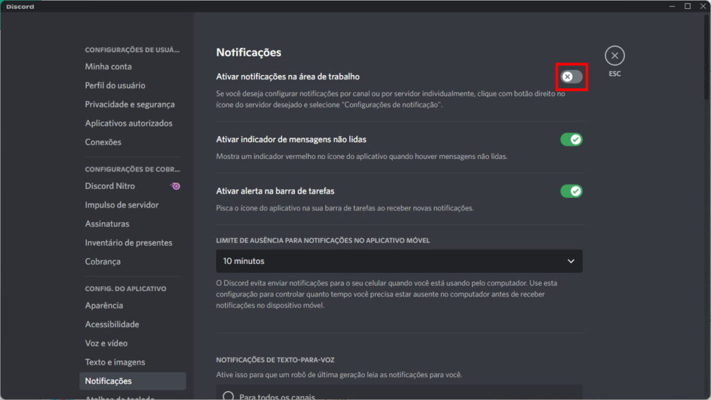 Como desativar as notificações do Discord - Passo 3