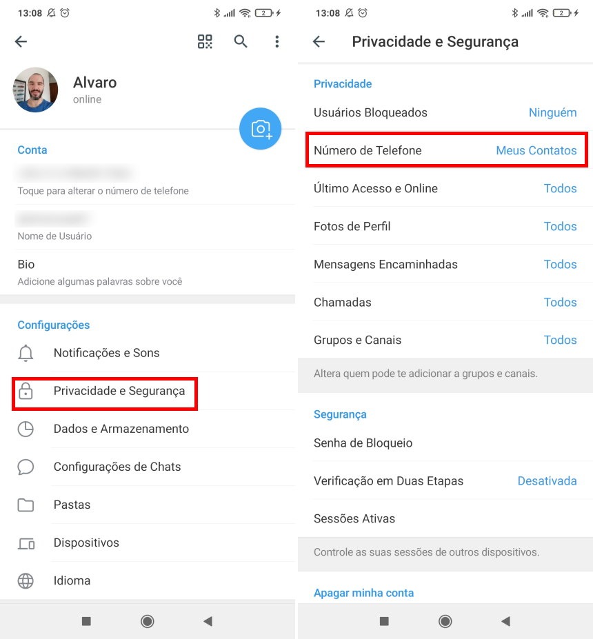 Como esconder o número de telefone no Telegram - Passo 2