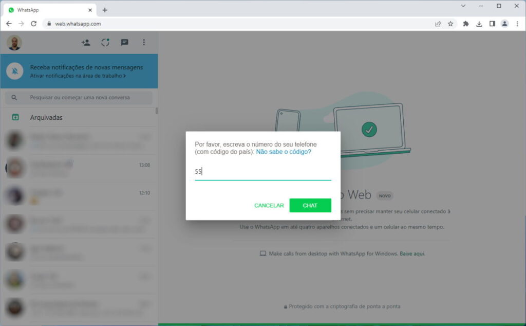 Como iniciar conversas no WhatsApp Web sem adicionar o contato - Passo 6