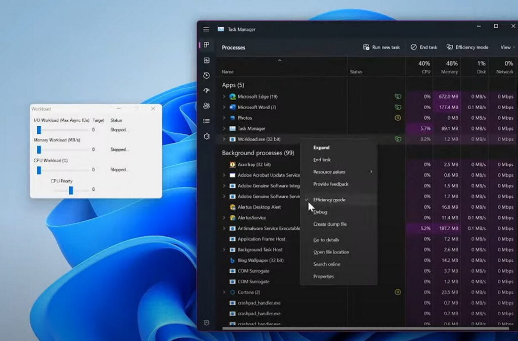 Modo de eficiência no Gerenciador de Tarefas - Windows 11