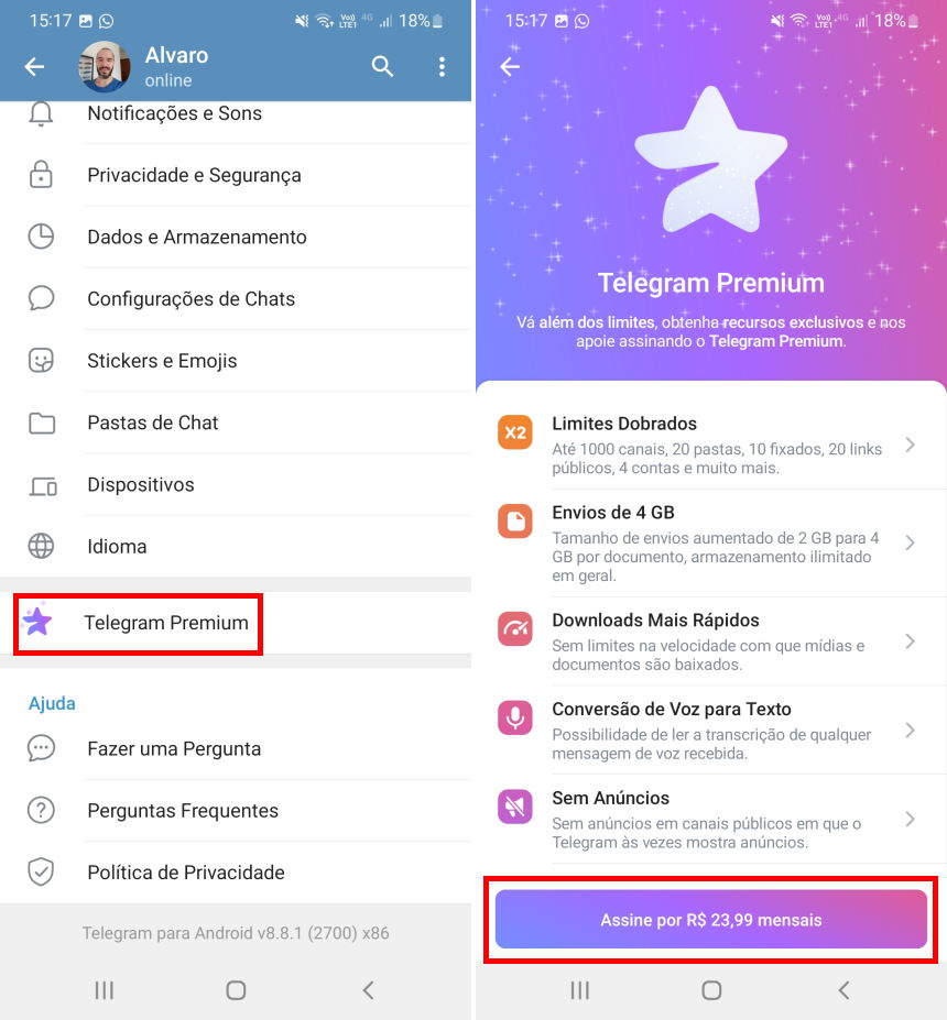 Como assinar o Telegram Premium - Passo 2