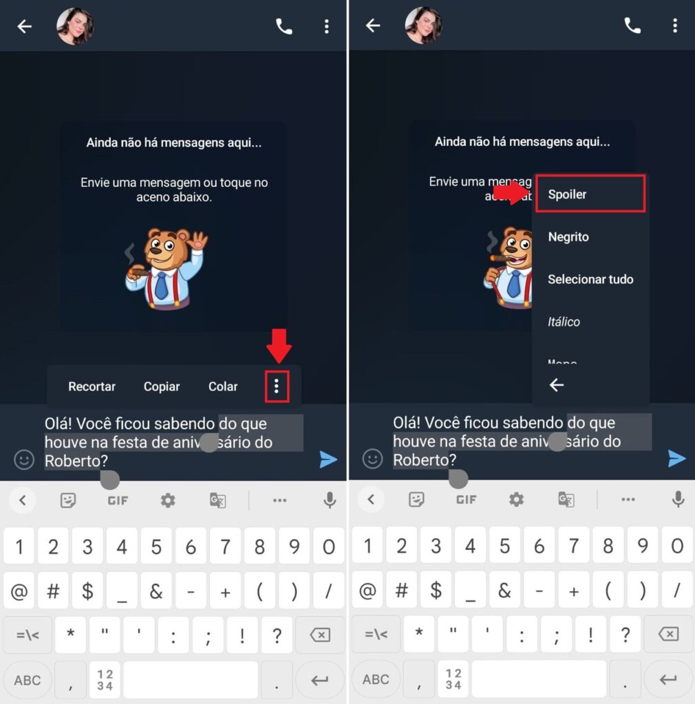 Como usar o recurso spoiler no Telegram - Passo 2