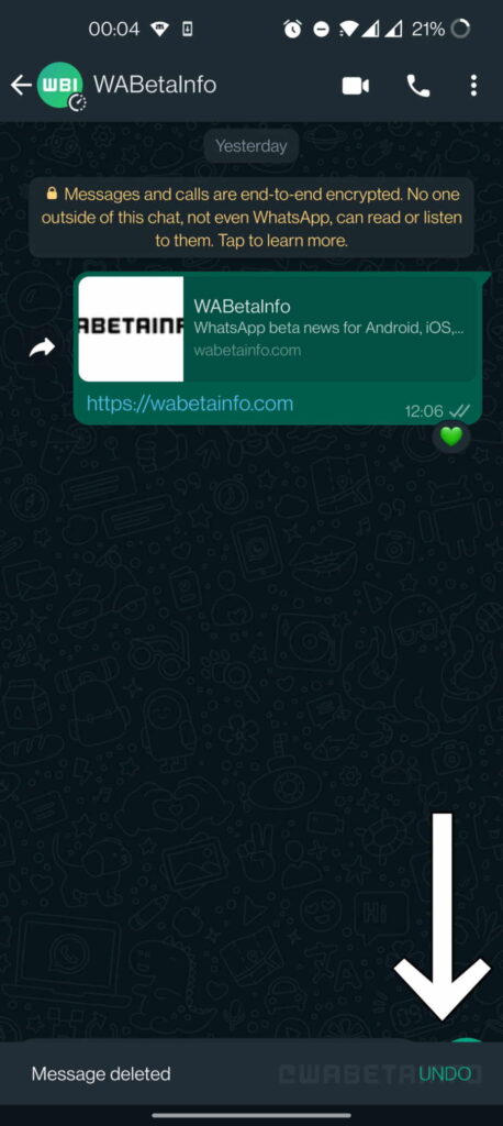 WhatsApp - botão para restaurar mensagem apagada