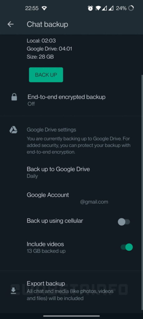 WhatsApp - opção para exportar backups