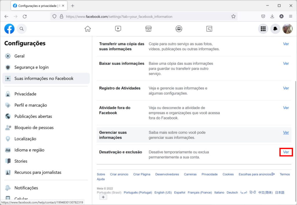 Como desativar o seu perfil do Facebook - Passo 2