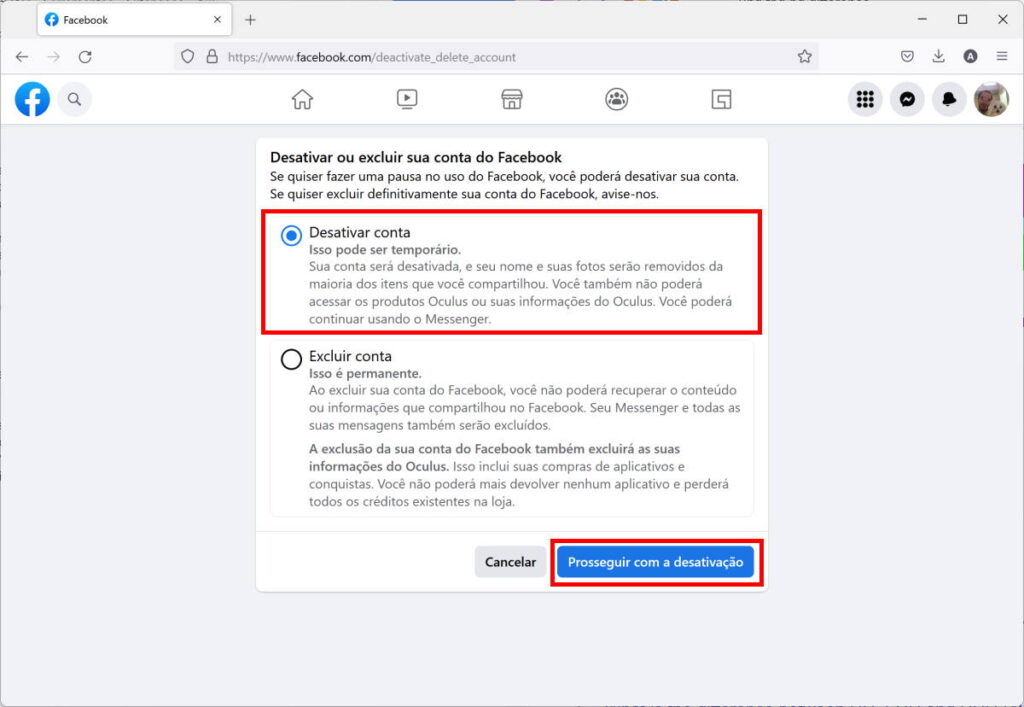 Como desativar o seu perfil do Facebook - Passo 3