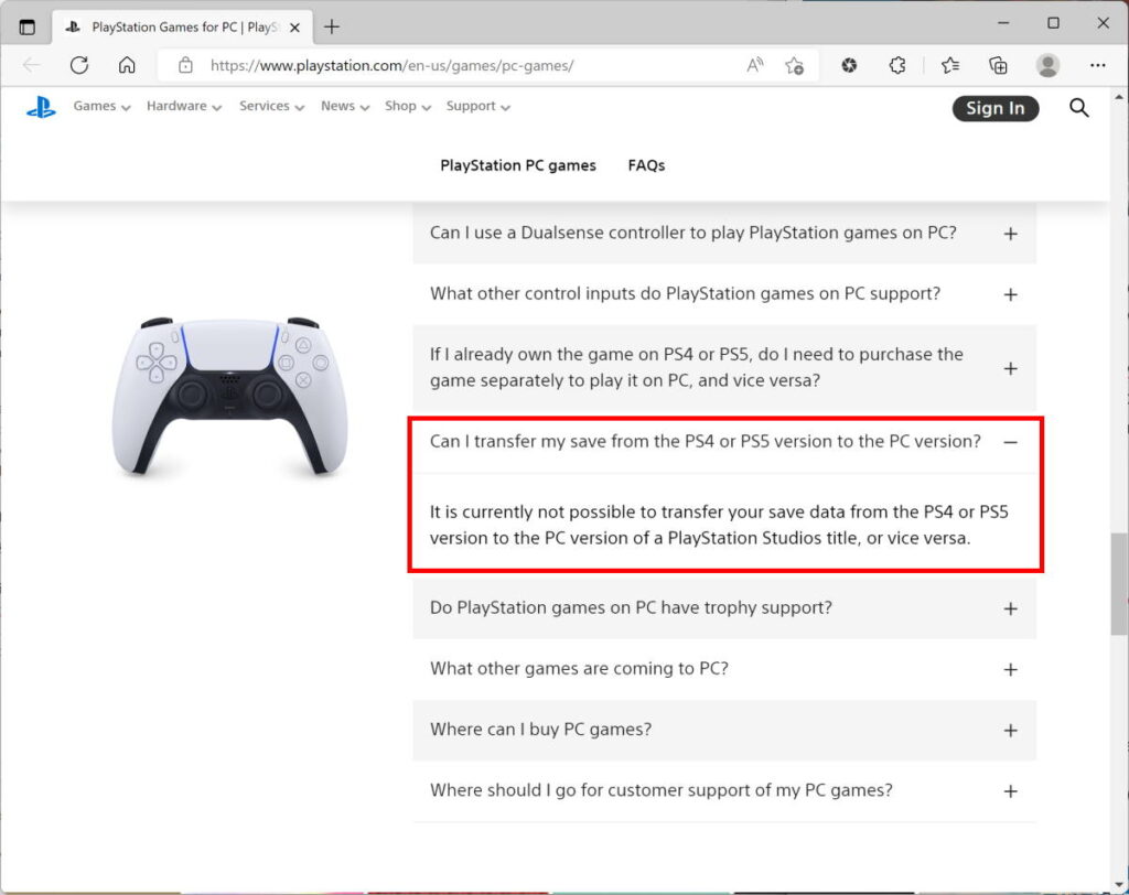 Página da Sony com informação de saves da PSN