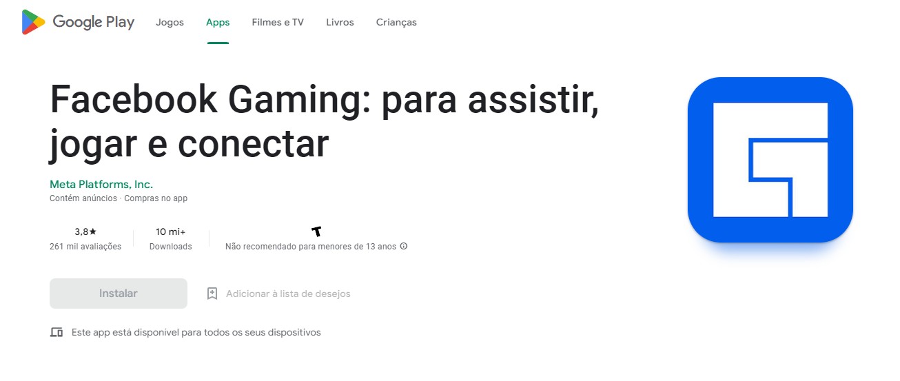 Captura de imagem mostra a página do Facebook Gaming dentro da Play Store