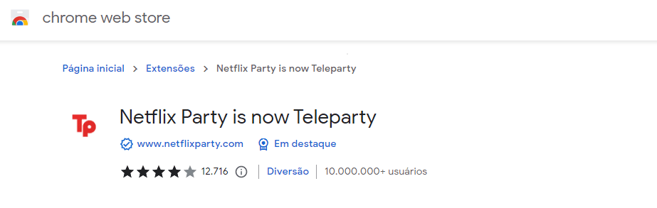 Captura de imagem mostra a Teleparty, uma das extensões do Chrome apontadas como malware pela McAfee