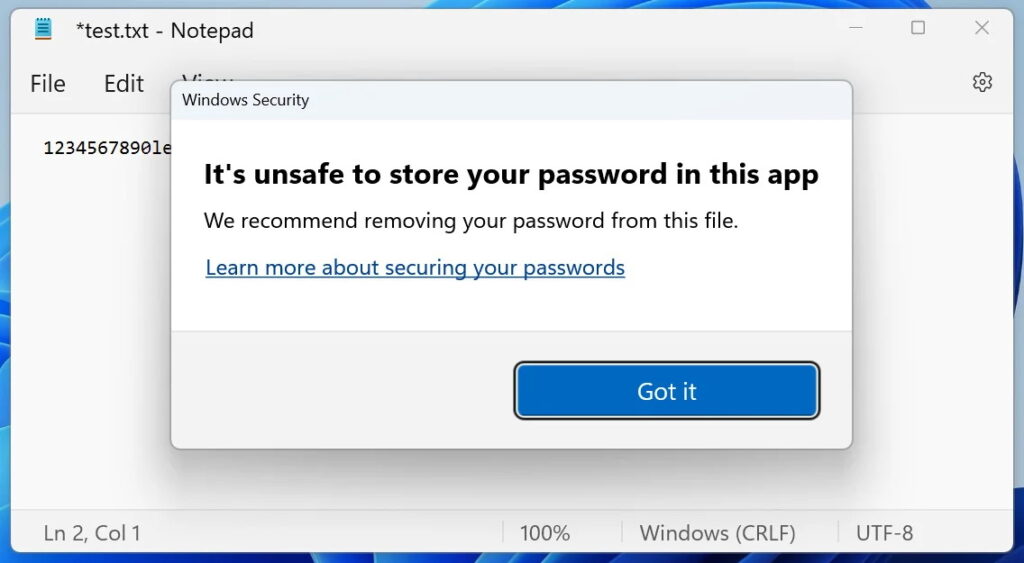 Windows 11 - alerta de senha sendo salva no Bloco de notas