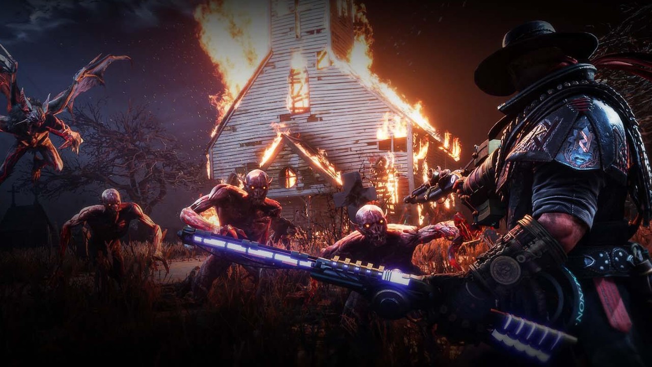 Imagem do jogo Evil West mostra o cowboy protagonista enfrentando uma horda de vampiros