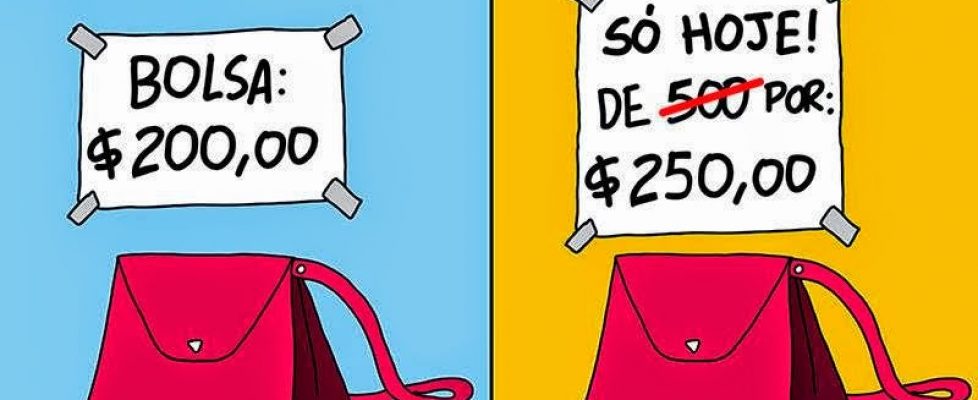 Ilustração mostra uma bolsa com o preço dobrado para que o "desconto" da Black Friday 2022 não seja um desconto real