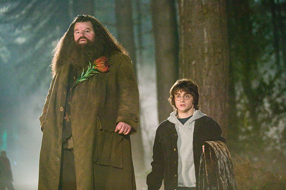 Imagem mostra Robbie Coltrane ao lado de Daniel Radlcliffe durante filme da franquia Harry Potter. Ator morreu hoje aos 72 anos