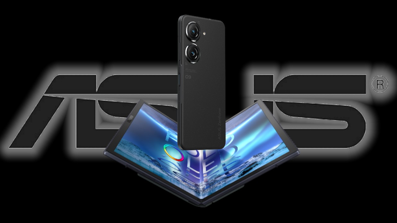 Logo da Asus com zenfone 9 e notebook dobrável à frente