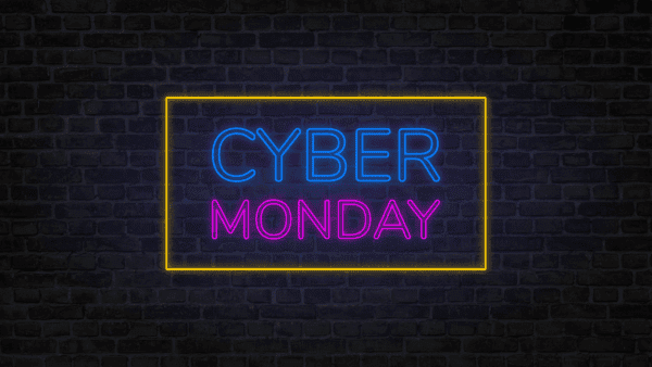 Imagem mostra a expressão Cyber Monday iluminada em neon