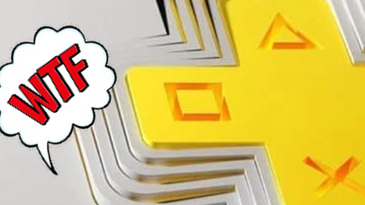 Logo da PlayStation Plus é exibido com uma caixa de diálogo escrito "WTF?" em vermelho