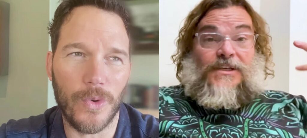 Dois dos atores que serão parte do elenco do filme de animação Super Mario Bros. À esquerda, Chris Pratt, que dará vida a Mario; à direita Jack Black, que dará vida ao antagonista Bowser