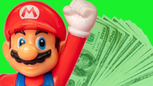 Imagem coloca o Super Mario à frente de várias notas de dólares, simbolizando crescimento do mercado de jogos global