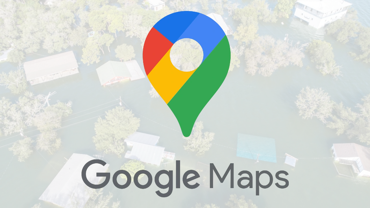 Imagem mostra o logotipo do Google Maps sobre uma foto de inundação