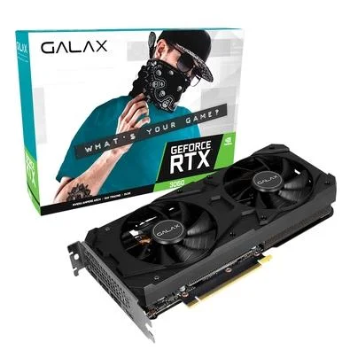  Imagem de uma placa de vídeo GeForce RTX 3060 da marca Galax, com duas ventoinhas visíveis.