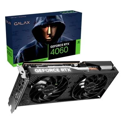  Imagem de uma placa de vídeo GeForce RTX 4060 da marca Galax, com duas ventoinhas visíveis.