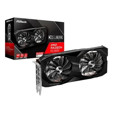 Imagem de uma placa de vídeo AMD Radeon RX 6600 da marca ASRock, com duas ventoinhas visíveis.