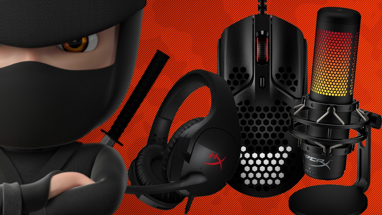 Montagem coloca vários produtos da HyperX junto do "ninja", o mascote do KaBuM!, em fundo laranja