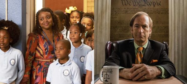 Cena das séries Abbott Elementary (à esquerda), com a atriz Quinta Brunson no centro, rodeada de crianças; e Better Call Saul (à direita), com o ator Bob Odenkirk sentado em uma mesa, com as mãos unidas e vestido com o terno do seu personagem Saul Goodman - ambas concorrem ao Critics Choice Awards 2023