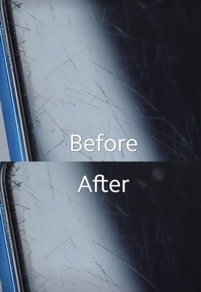 Celular com tela riscada antes e após passar pasta de dente