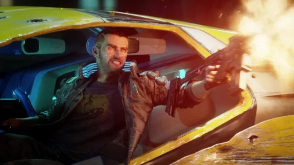 Imagem mostra cena de trailer de Cyberpunk 2077