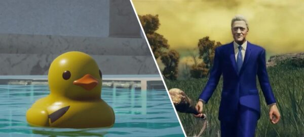 Imagem de ilustração da coluna Destaques da Semana, com duas fotos que ilustram as notícias principais: um pato de borracha na piscina e Bill Clinton no mod de Elden Ring