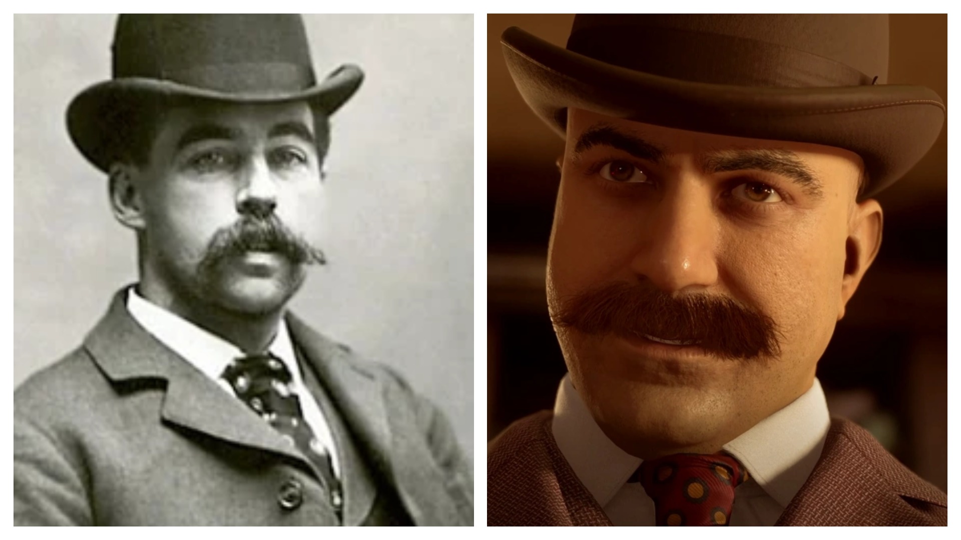 Imagem mostra colagem de H.H. Holmes, o primeiro serial killer dos EUA, e sua versão dentro do jogo The Devil In Me, da Bandai Namco