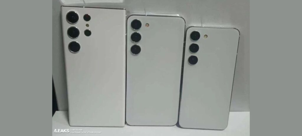 Imagens vazadas dos novos Samsung Galaxy S23 mostram os três novos smartphones, um ao lado do outro, mostrados de costas 