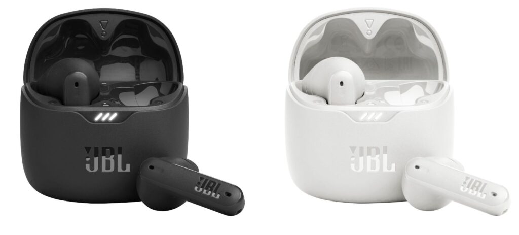 Duas versões do fone de ouvido wireless JBL TUNE Flex: preta (à esquerda) e branca (à direita)