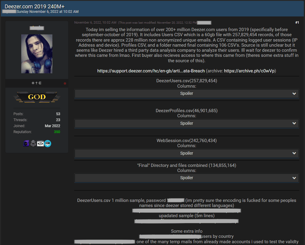 Imagem mostra postagem de fórum que colocou dados de usuários do Deezer à venda em 2922