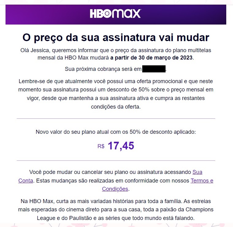 Aumento da assinatura HBO Max