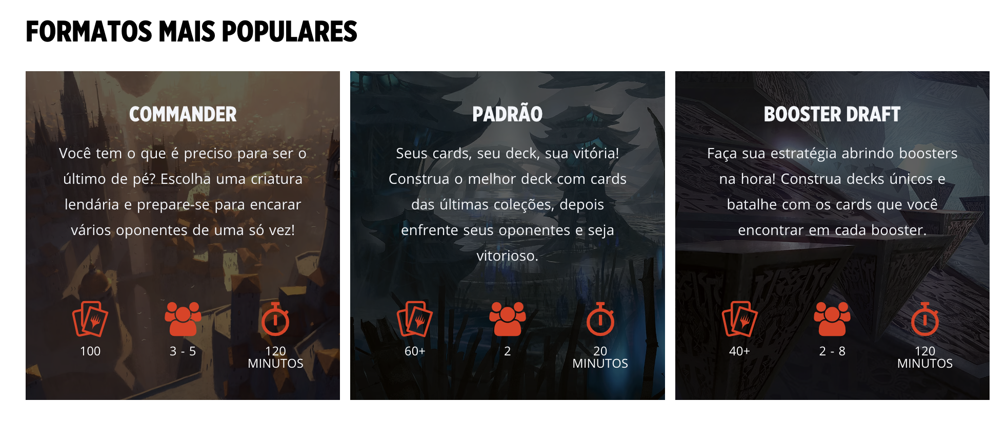 A imagem apresenta três caixas de texto, cada uma com algumas regras de formatos de jogo de Magic: The Gathering, sendo elas Commander, Padrão e Booster Draft