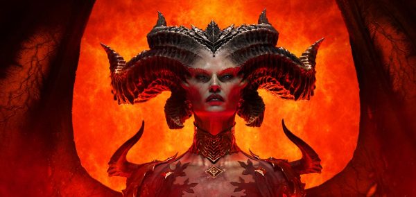 Cena do jogo Diablo 4, com a face da personagem Lilith envolta em fogo