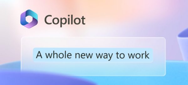 Microsoft integra ChtaGPT ao PowerPoint com o Copilot: novo recurso que integra IA a apps do 365; na imagem, de fundo colorido, estão os textos "Copilot", acompanhado do logotipo, e "uma nova forma de trabalhar" em inglês