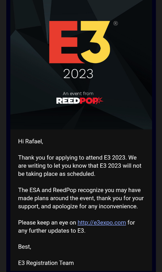 Imagem mostra email enviado pela ReedPop ao blog KaBuM!, confirmando o cancelamento da E3 2023