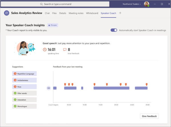 Tela mostra o recurso Speaker Coach do Microsoft Teams, focado em fornecer feedback para apresentações e oratória