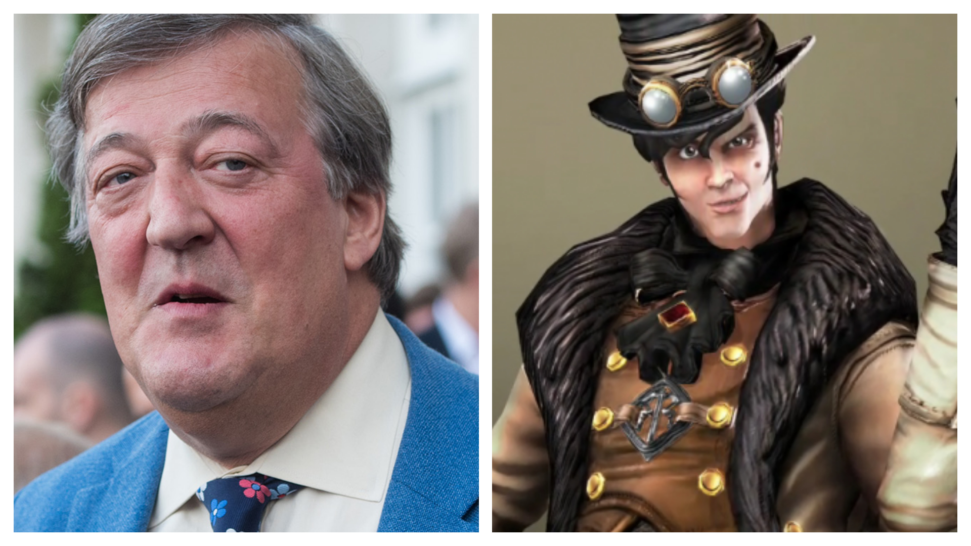 Imagem mostra o ator Stephen Fry ao lado de seu papel como Reaver, de "Fable 3"